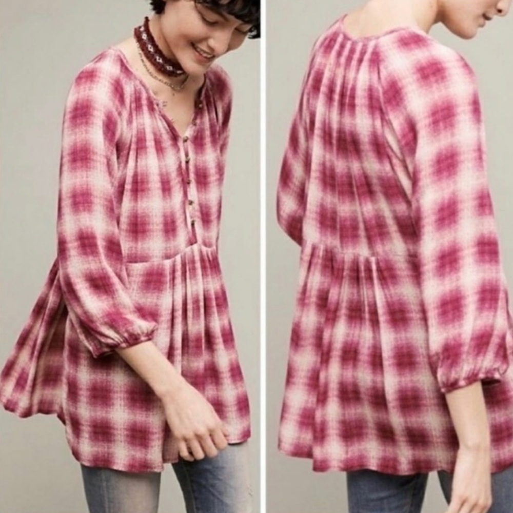 Maeve Berry Check Blouse Coastal Western Oversized size XS Preppy